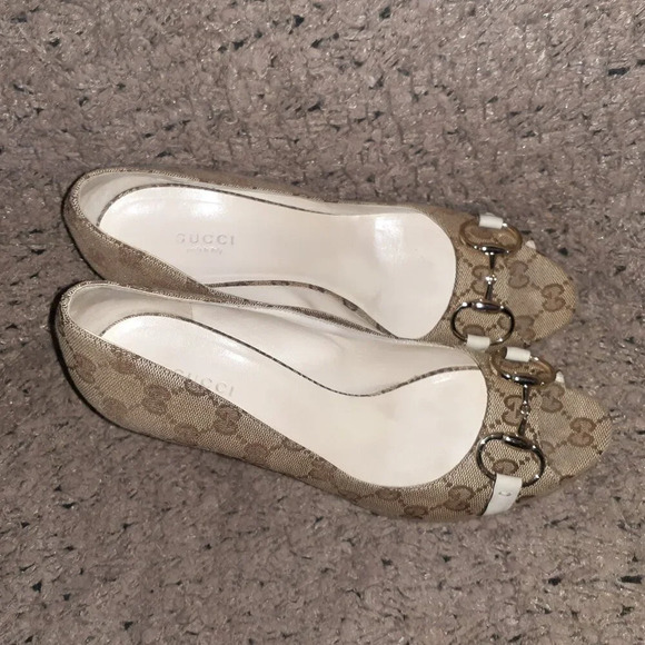 Vintage GUCCI-Horsebit Platform GG Monogram-Beige-Stacked Heels-Sz 9-Excellent - Picture 7 of 9